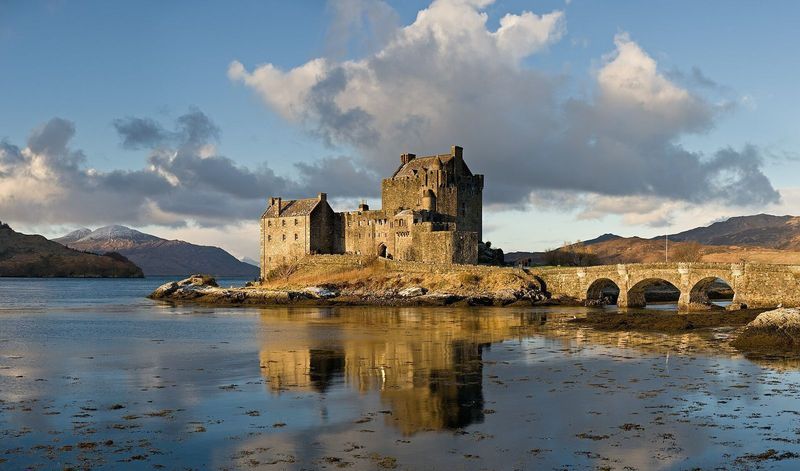 Eilean Donan Castle on its island at the meeting of three sea lochs