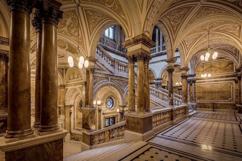 The ornate marble staircase inside Glasgow City Chambers